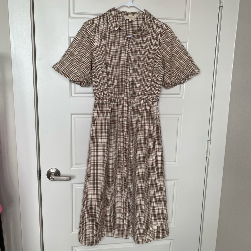 SEZANE BROWN GINGHAM PUFF SLEEVE BUTTON DRESS 2